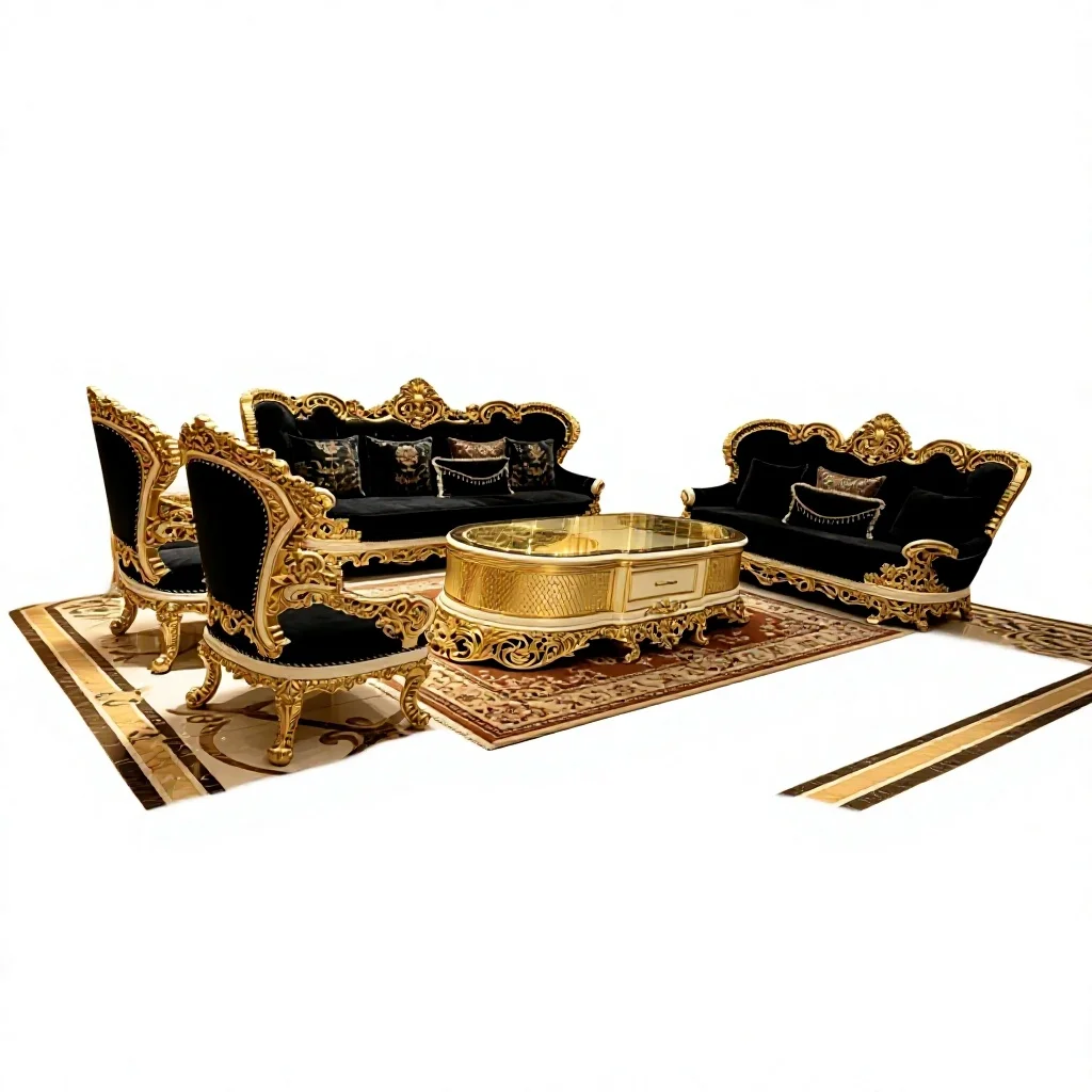 #Turkish Royal Luxury Villa European Design Large Full Set High Density Sponge Filled Removable Washable Retro Gold Wooden Sofa