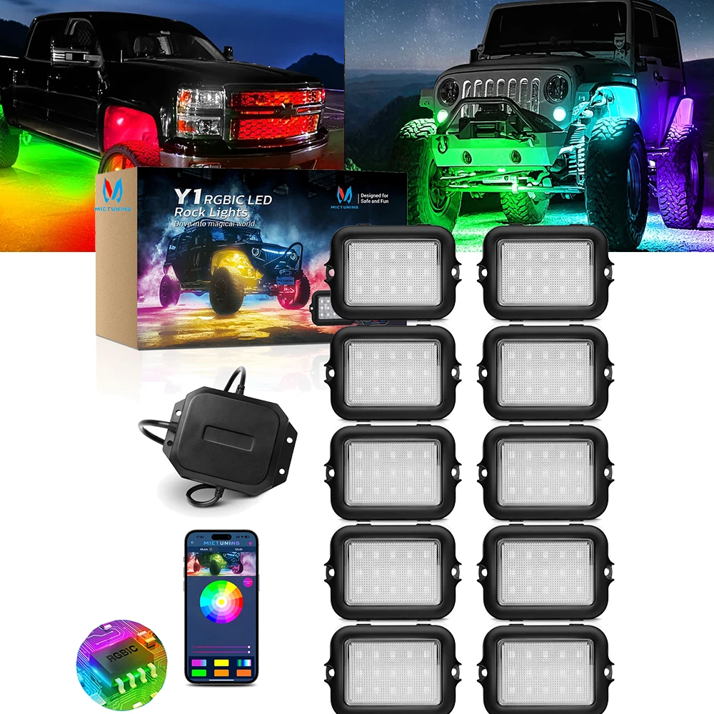 

MICTUNING 10Pods Y1 Extensible RGB+IC LED Rock Lights Kit, Chasing Color Decorative Lamps Kit With Wireless APP Control For ATV