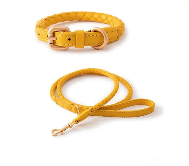 Leather Dog Collar and Leash Set, Adjustable PU Dog Collar, Soft & Durable Braided Leash and Collar Set for Dogs