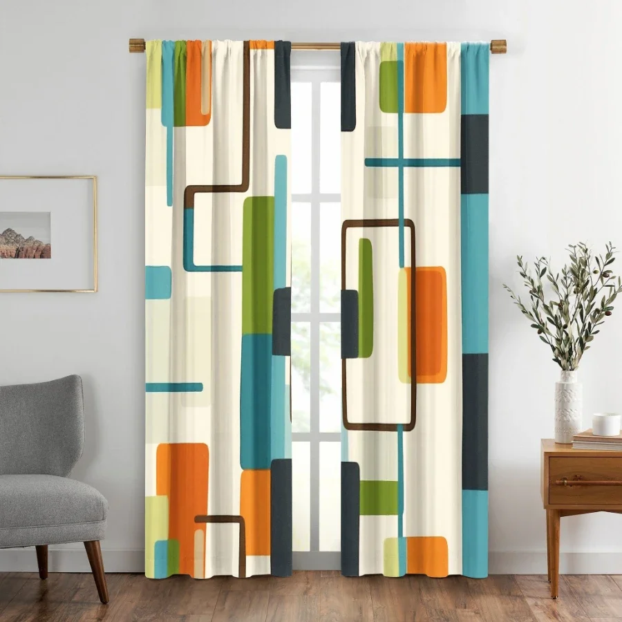 2PCS Digital Print Curtain, Mid Century Modern Geometric Lines Pattern, Retro Abstract Art for Living Room Bedroom Home Decor