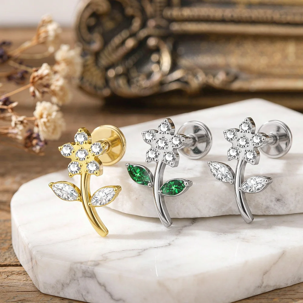 F136 16G Titanium Lip Piercing with Flower Zirconia Tragus Helix Cartilage Nose Jewelry Earrings - Internal Thread Body Piercing
