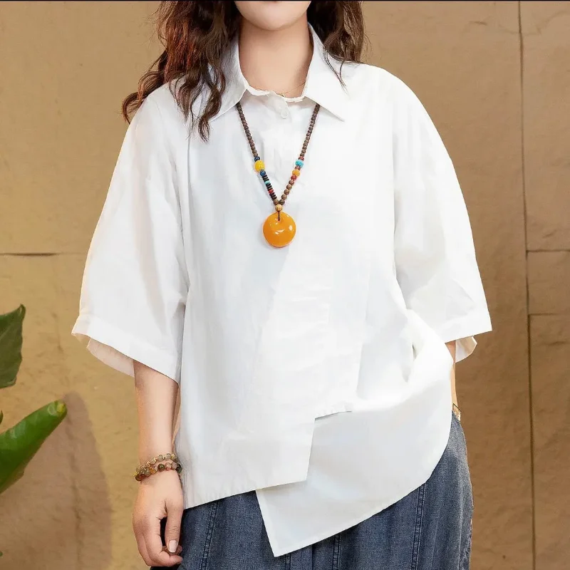 

Short-sleeved Casual Shirt Women Summer New Irregular Loose Solid Color Asymmetrical Shir