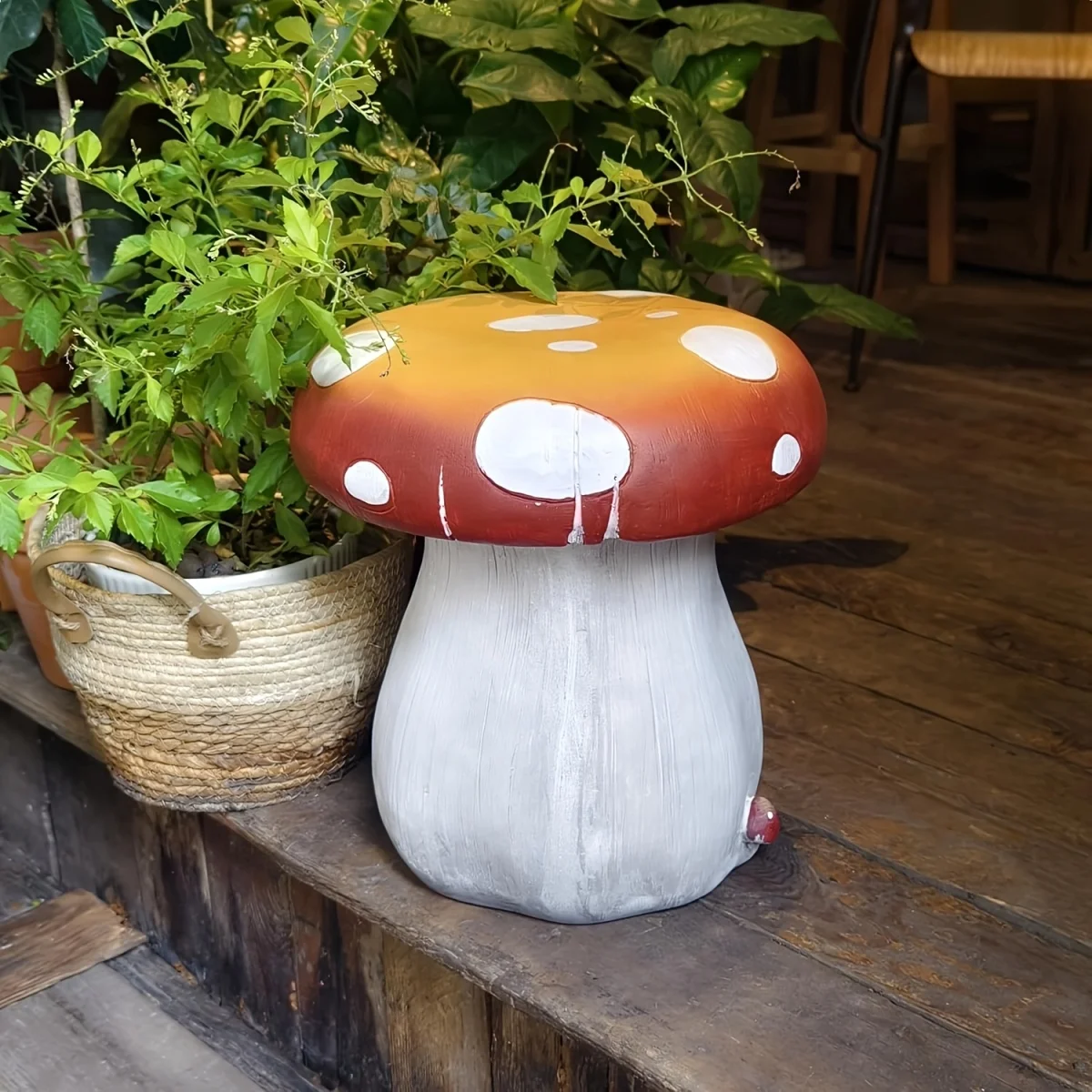 13.4" Oversized Mushroom Statue Stool, Resin Garden Stool with Forest Base, Multi-Purpose Decorative Stool for Courtyard, Lawn, Indoor & Outdoor Summer Decoration