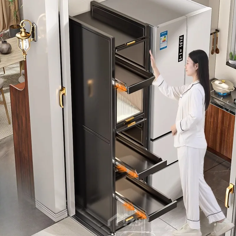 Kitchen with door, pull-out rack, crevice cabinet, refrigerator side floor-to-ceiling microwave oven, multi-functional