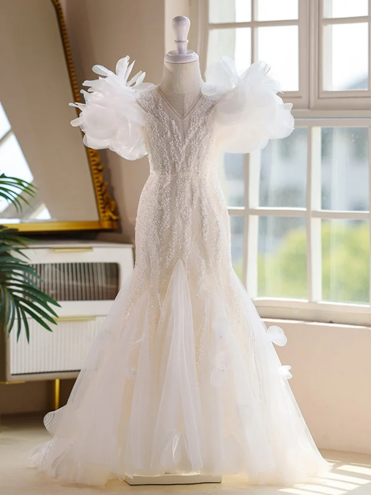

Custom Luxury White Mermaid Flower Girl Dresses Puffy Sleeve for Kids Wedding Birthday Pageant Communion Party Gown