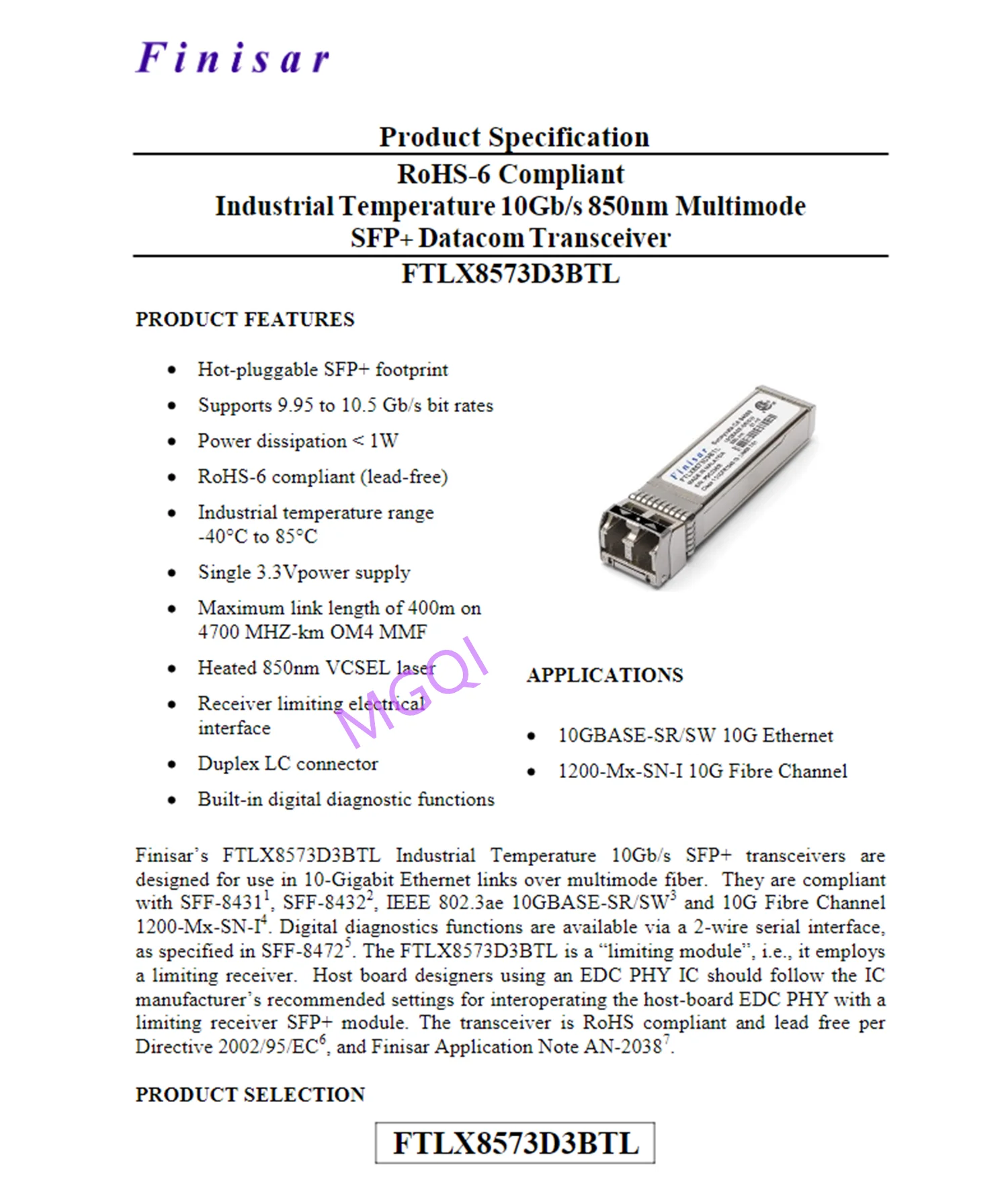 FINISAR 10G Sfp Fiber muslimb SFP + 10G 850NM 300M modulo ricetrasmettitore in fibra multimodale/adattatore di rete Finisar generale Sfp