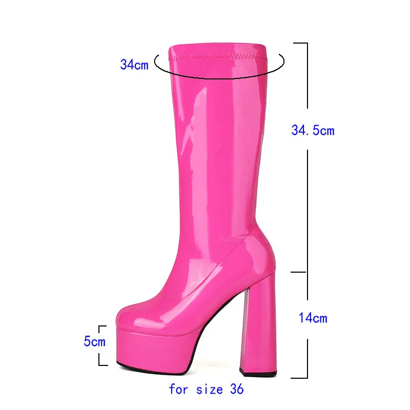 Rose Black White Women Mid Calf Boots Platform Square High Heel Ladies Calf Boots Patent PU Leather Round Toe Zipper Shoes