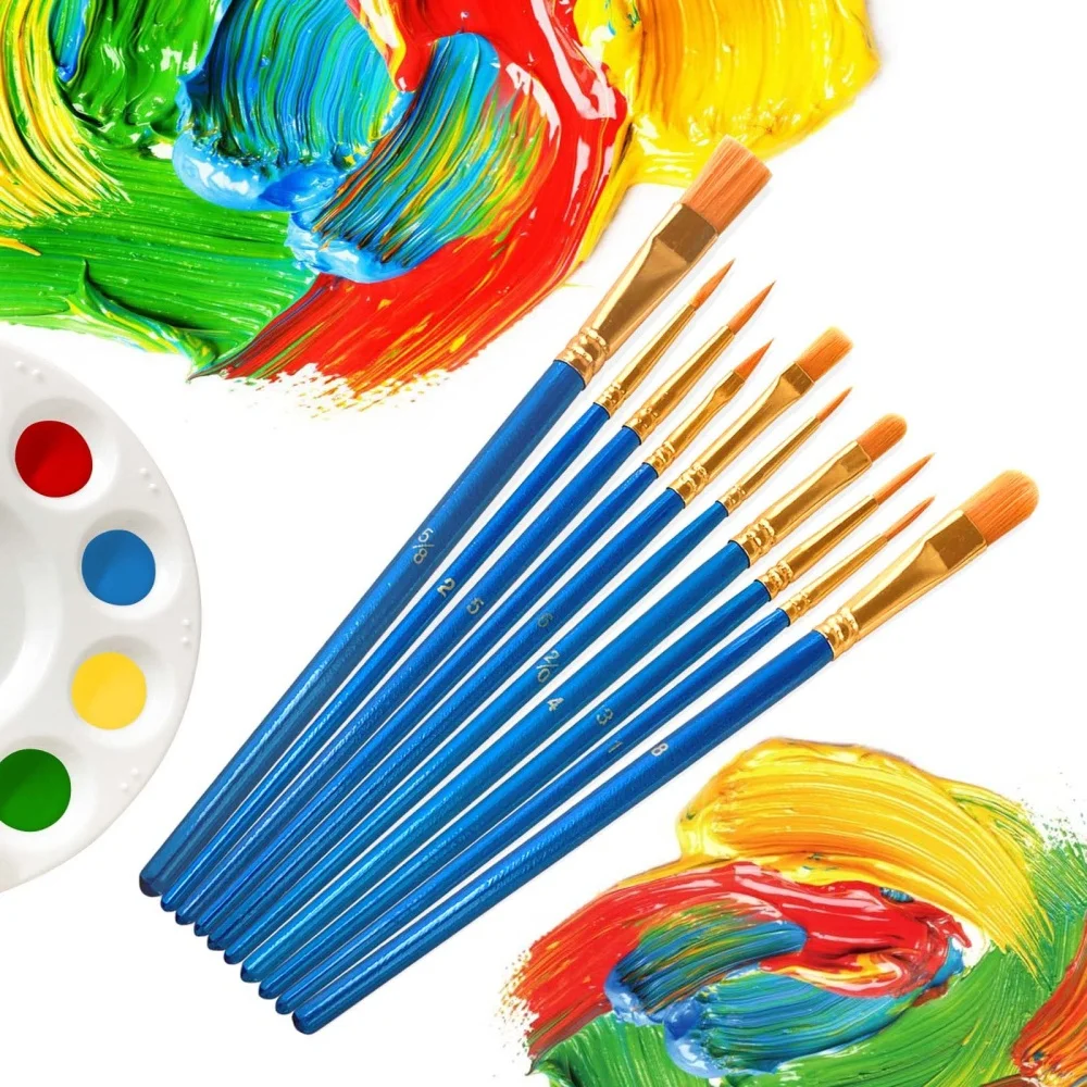 10Pcs Multicolor Paint Brush Set, Nylon Hair Artist Brushes for Oil Watercolor Acrylic, Canvas Rock Nail Art Painting Great Gift