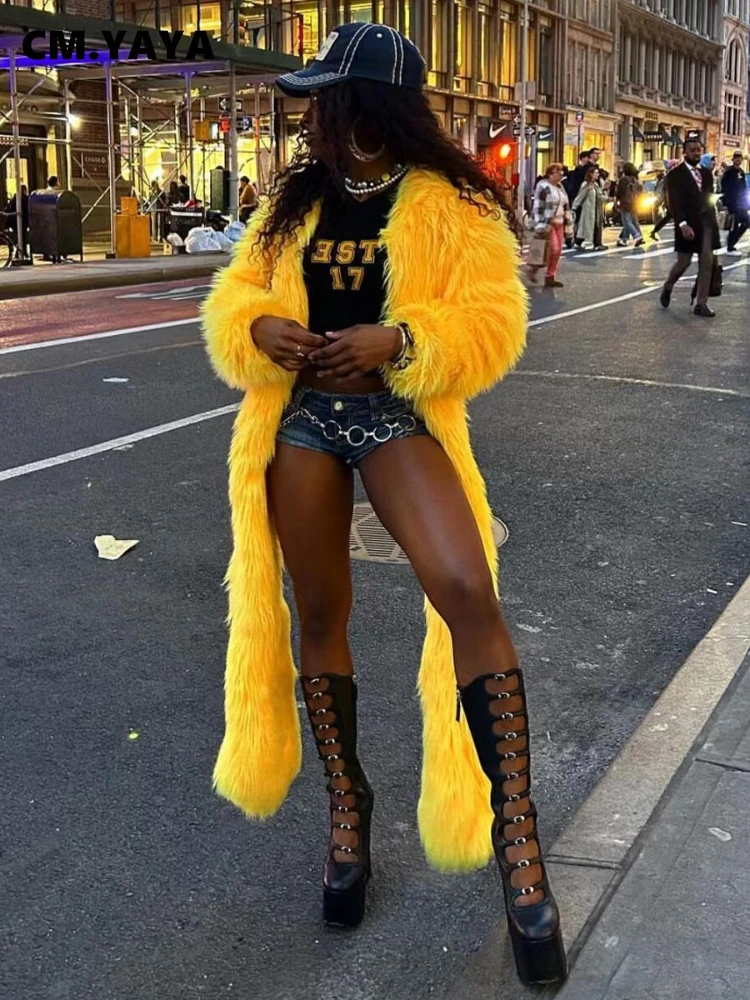 Женское однотонное пальто CM.YAYA из искусственного меха, с длинным рукавом, с открытым стежком, зимняя теплая куртка в стиле INS, 2024