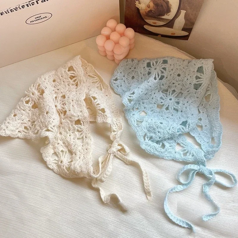Cute Women's Knitted Flower French Triangular Scarf Headscarf Silk Scarf Hair Accessories Crochet Pastoral Headband 머리띠