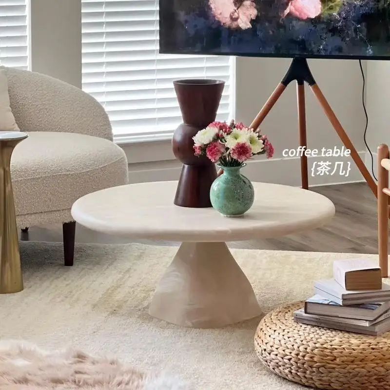 Cream solid wood household coffee table small apartment modern homestay simple round advanced mobile living room combination