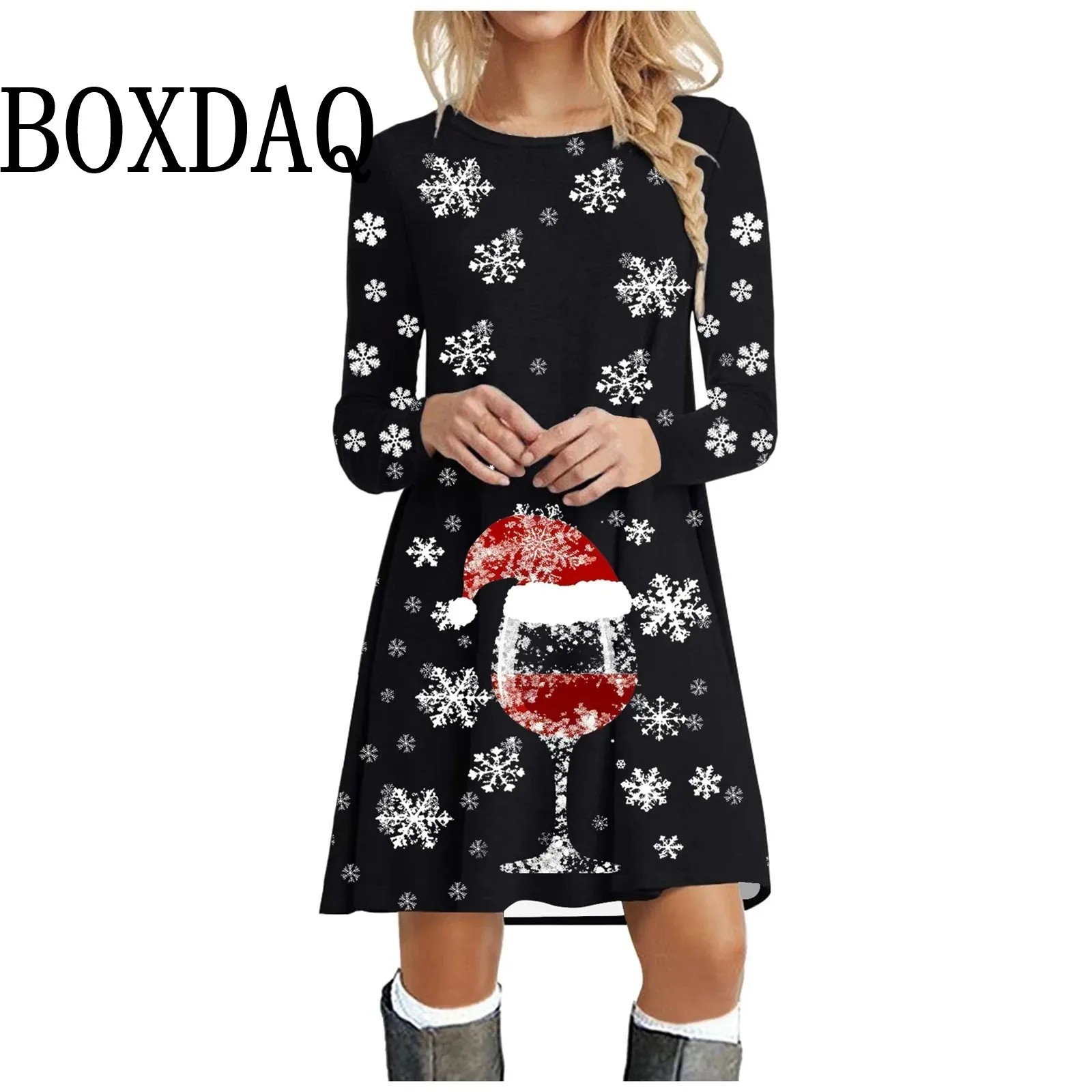 Robe de Noël décontractée à manches longues pour femmes, verre imprimé, col rond, flocon de neige, robes de fête de Noël, vêtements de mode