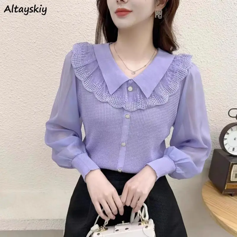 

Women Cardigan Patchwork Lace Sheer Button-up All-match Loose Casual Tops Basic Fashion Elegant Ladies Ulzzang Aesthetic Daily