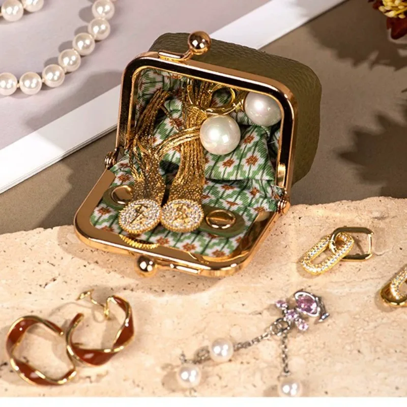 Wallet Leather Kiss Lock Coin Purse Solid Color Square Leather Jewelry Bag Multifunctional Mini Small Item Bag Earrings