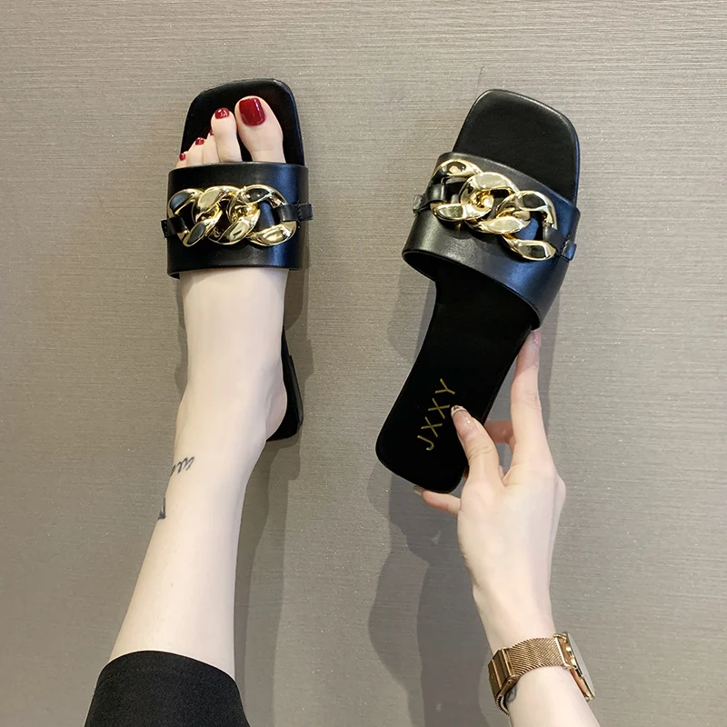 2023 New Fashion Women\'s Slippers Square Toe Chain Slippers Flat Slide Sandals Beach Flip Flops Metal Decoration Casual Shoes