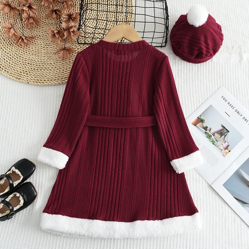 Autumn and Winter Promotion Wine Red Warm Christmas Clothes New Year Bow Long Sleeved Plush Dress+hat Two-piece Set