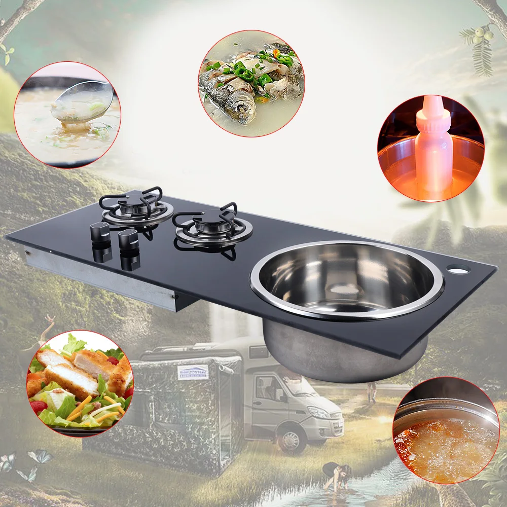 

Boat Caravan RV Camper 2 Burner LPG Gas Stove Hob w/ Sink Combo Cooktop Tempered Glass Camping Outdoor Portable Dual Fuel Cooker