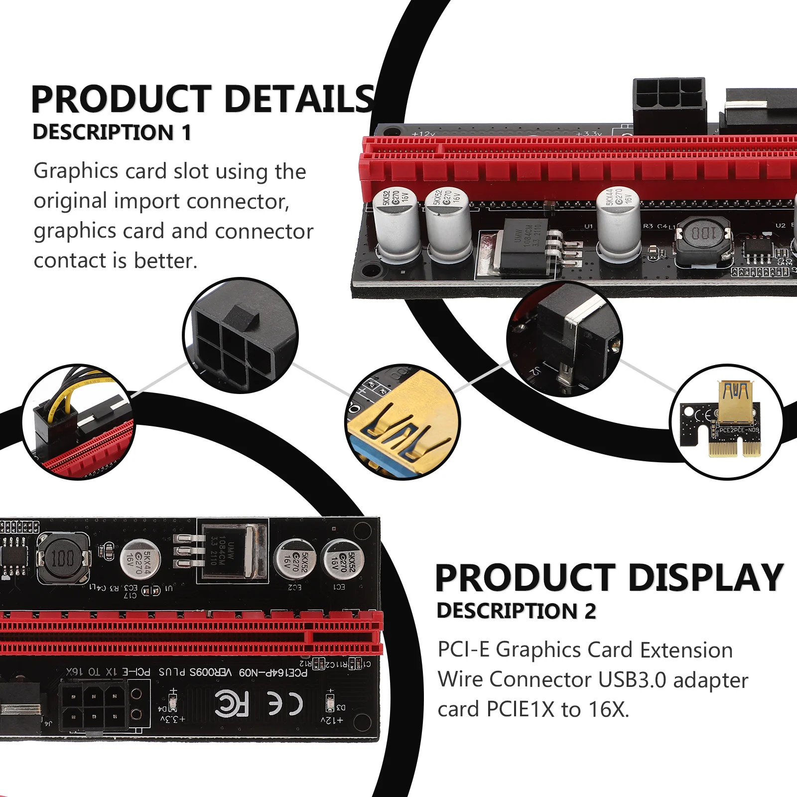 

1Set Pci-E 1x to 16x Riser Adapter Enhanced 12V Power Stable Graphics Card Mining Extender GPU Riser for Computer Mining