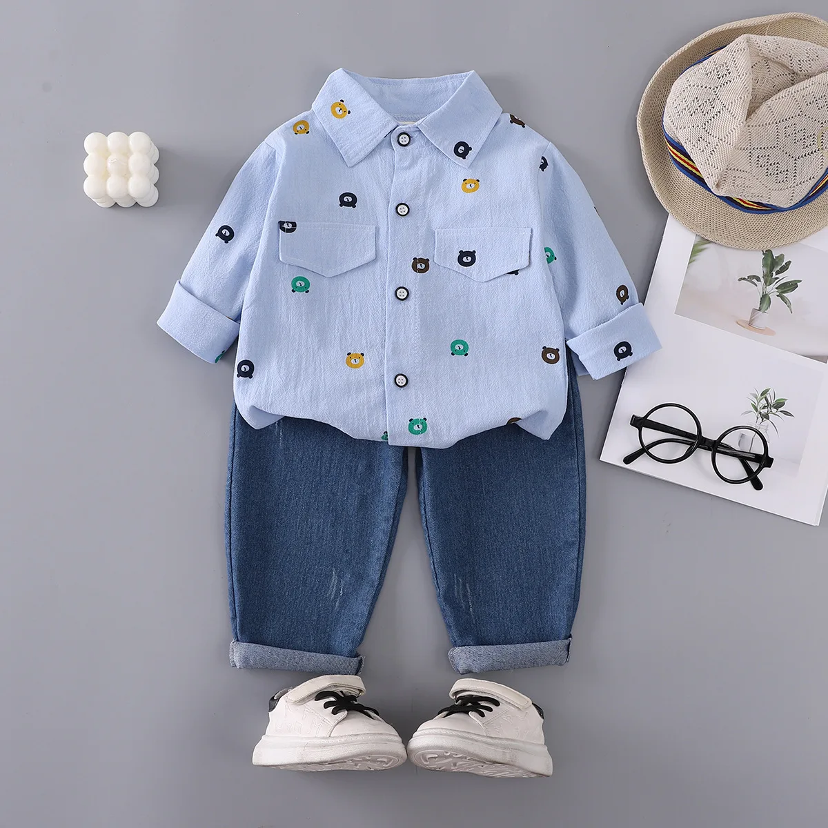 children's boys' spring/autumn cartoon print bear long-sleeve elastic comfortable skin-friendly denim two-piece set3658