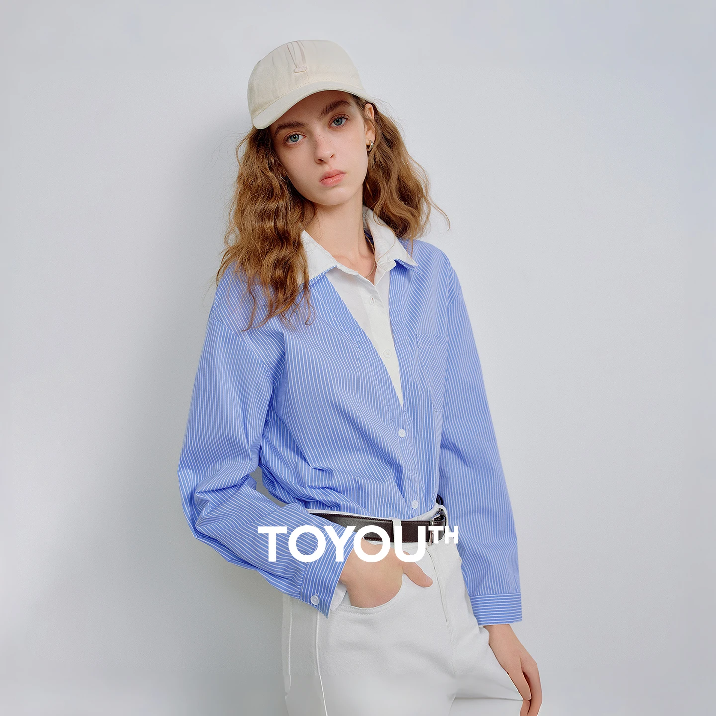 

TOYOUTH Women Shirts 2026 Spring New Double-Layer Collar Color Block Splicing Faux Two-Piece Loose Fit Striped Tops