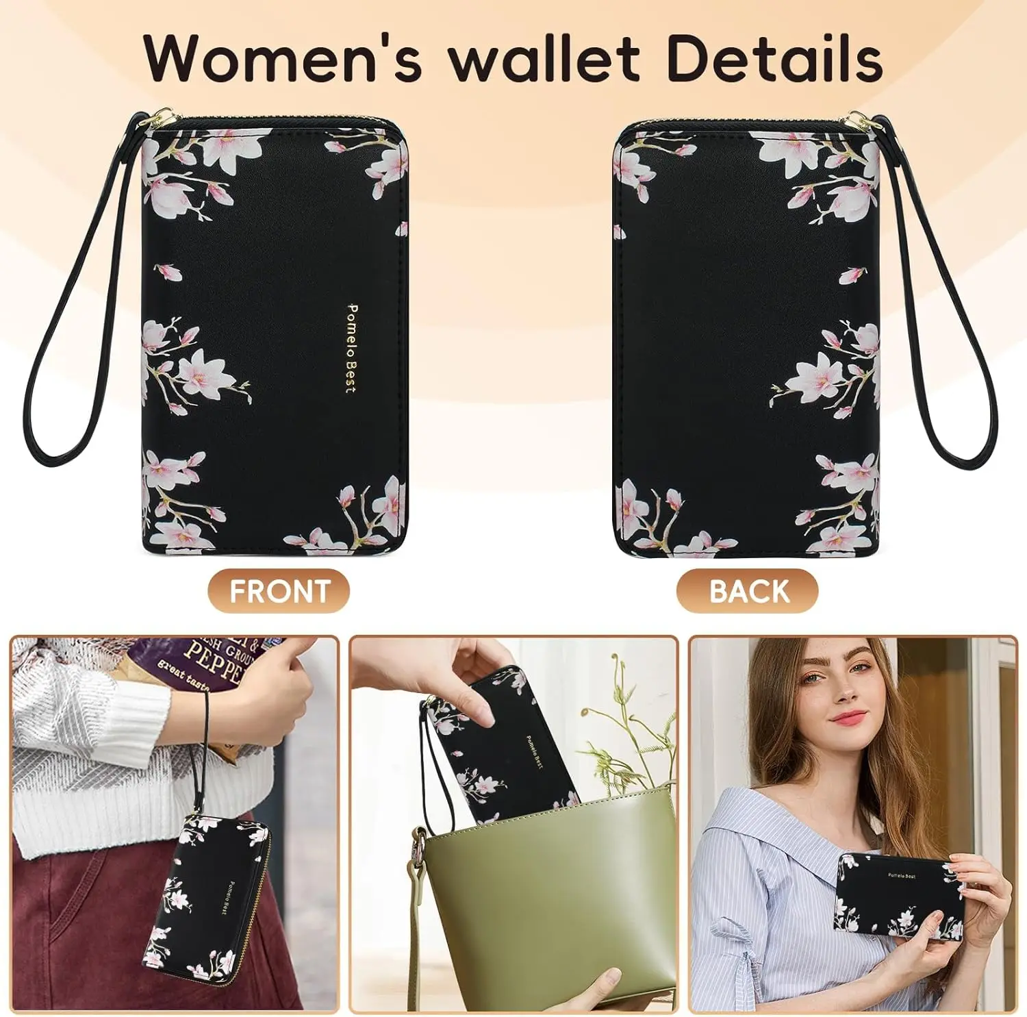 Pomelo Best Elegant Women's Faux Leather Wallet with Floral Pattern Zipper Wristlet, RFID Blocking Ladies Purse