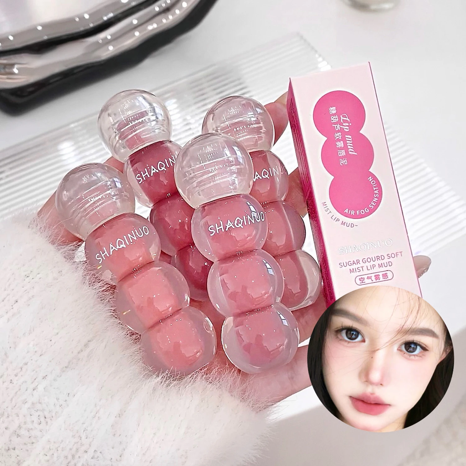 SHAQINUO 6 colori Zucca di zucchero Nebbia morbida Argilla per labbra opaca Lucidalabbra opaco Pigmento Sbiancante Tazza antiaderente impermeabile Lucidalabbra