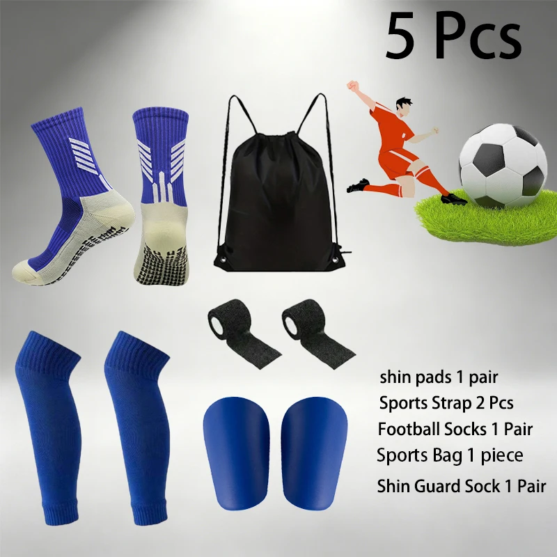 5 Pieces Sports Football Socks Mini Guards Shin Pads Straps Drawstring Football Bag Compression Socks
