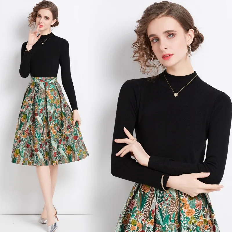 Leisure Business Slim Knit Sweater Jacquard Vintage Skirt Two-piece Set