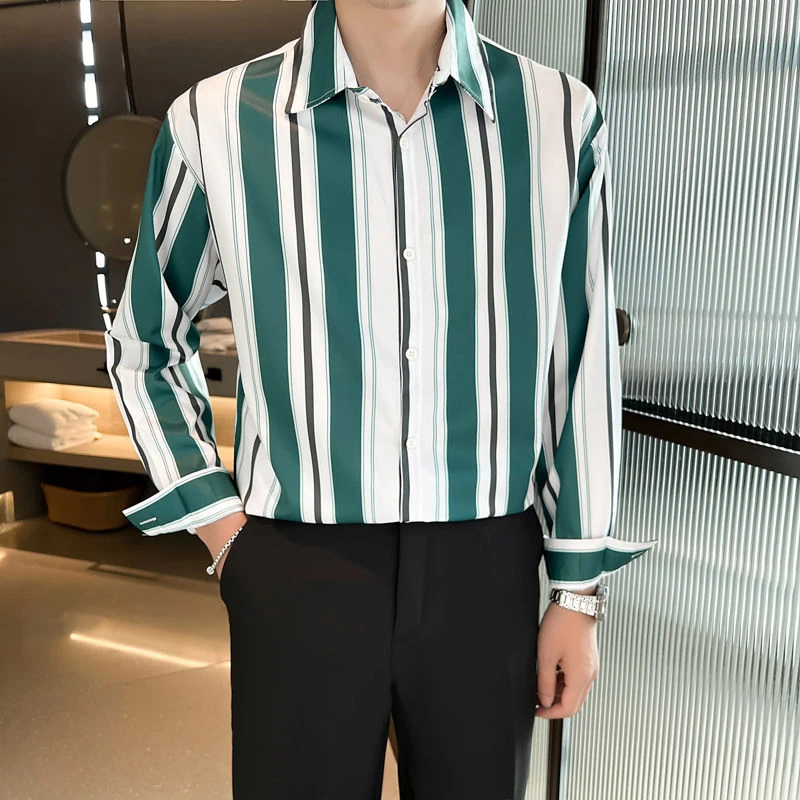 Summer Fall Striped Print Men Long Sleeve Blouse Loose Fashion Smart Casual Thin Oversized Clothing Shirt Top Office Black Green