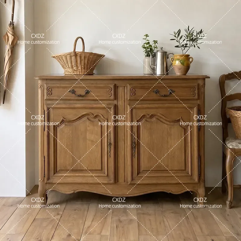 American Solid Wood Dining Side Cabinet Retro Carved Storage Cabinet for Living Room Porch Small Apartment Partition