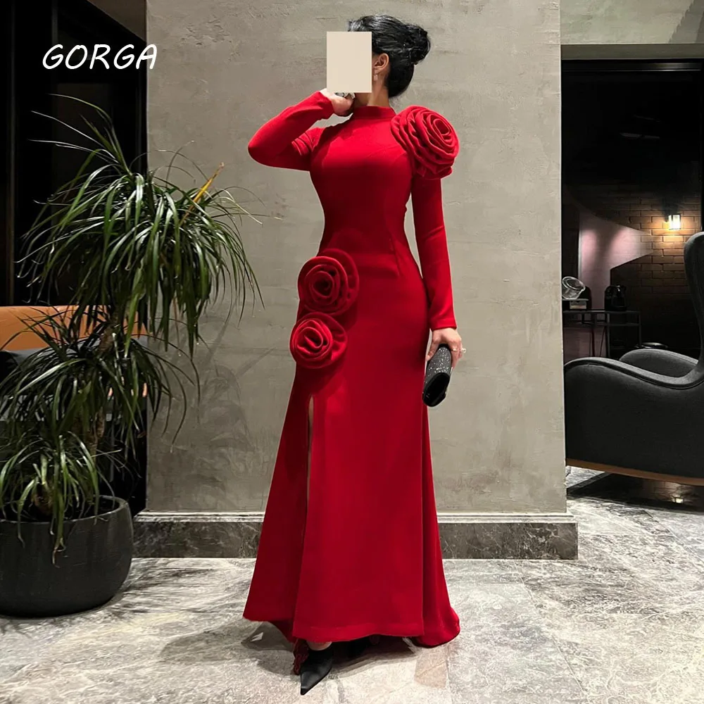 GORGA Red 3D Flowers High Neck Mermaid 2024 Slim Crepe Long Ocassion Gown Floor-Length Formal Evening Dress