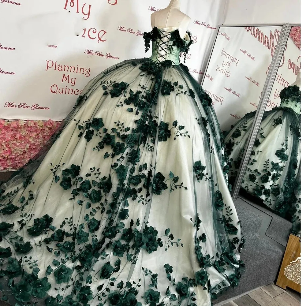 Green Charro Quinceanera Dresses Ball Gown Off The Shoulder Tulle Floral Puffy Mexican Sweet 16 Dresses 15 Anos Customized