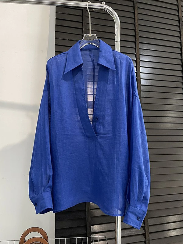 

plus Size Loose Fit Blue V-Ne Long Sve irt Women's Summer Thin Top Comfortable Breathable Korean Sle Office Wear