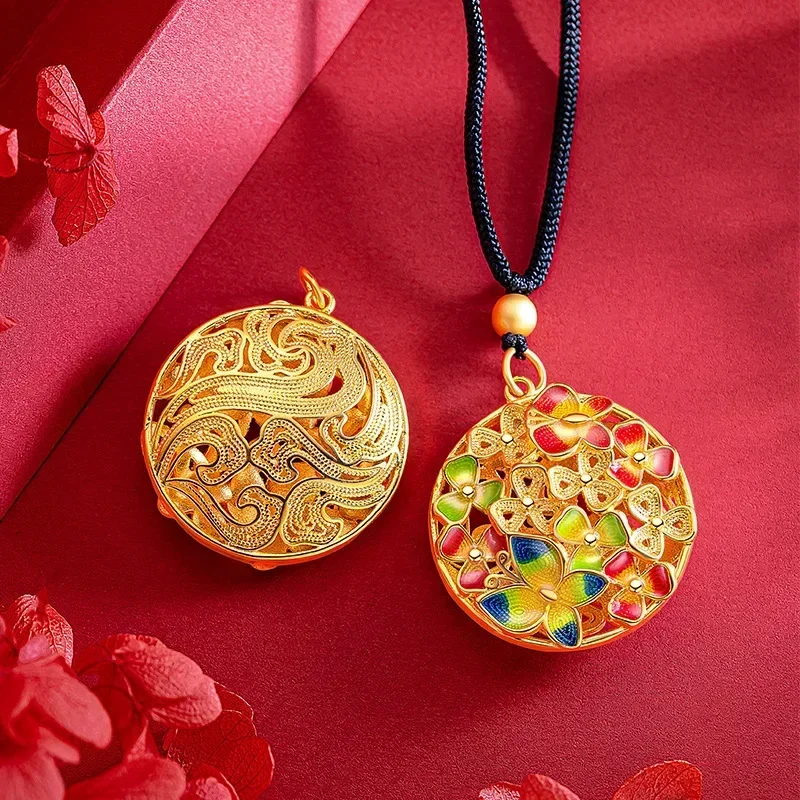 

9999 Real Gold 24K Ethnic Style Retro Enamel Color Butterfly Love Flower Pendant Hollow Flower Silk Pendant Black Rope Necklace
