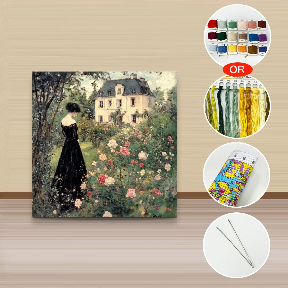 1 Stück 30x30 cm/11,8 Zoll, 11Ct/14Ct Kreuzstich-Set, DIY Valentinstagsgeschenk, Stickerei-Set für Festlichkeiten, Dame im schwarzen Kleid im Garten – Detail 3