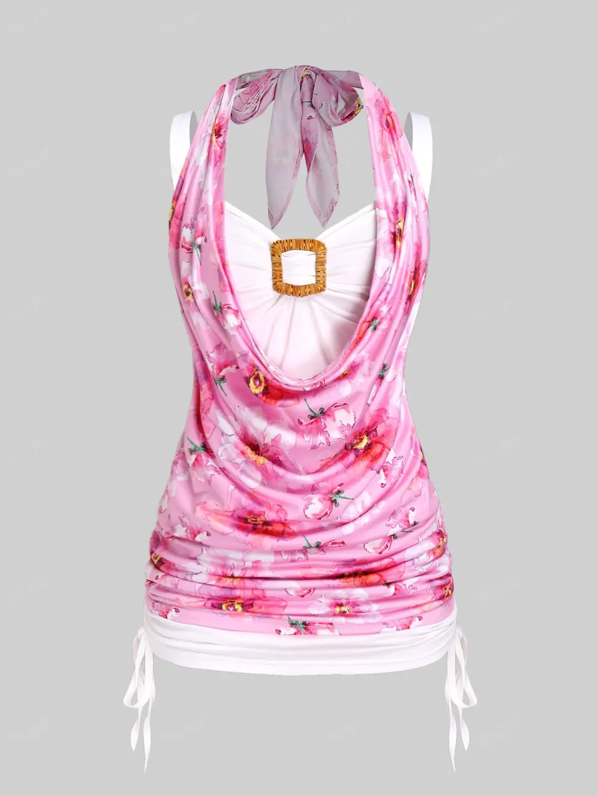 ROSEGAL Plus Size Ruched Backless Tank Top Light Pink Flower Printed Draped Cinched Vest Women Summer Oversize Tops