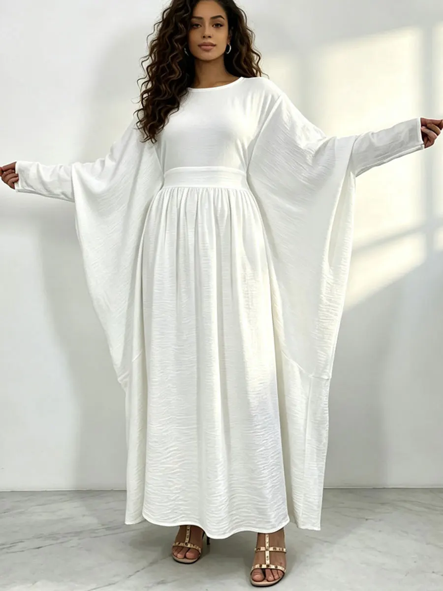 Damen Modest Abaya Maxikleid mit Fledermausärmeln, Hoher Taille, Plissiert, Islamisches Gewand, Ramadan Eid Casual Party Einfarbige Muslimische Kleidung – Detail 7