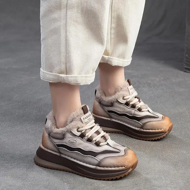 Genuine Leather Women Boots Lady Platform Flats Plush Warm Causal Autumn Winter Fashion Thick Bottom Sneakers Shoes