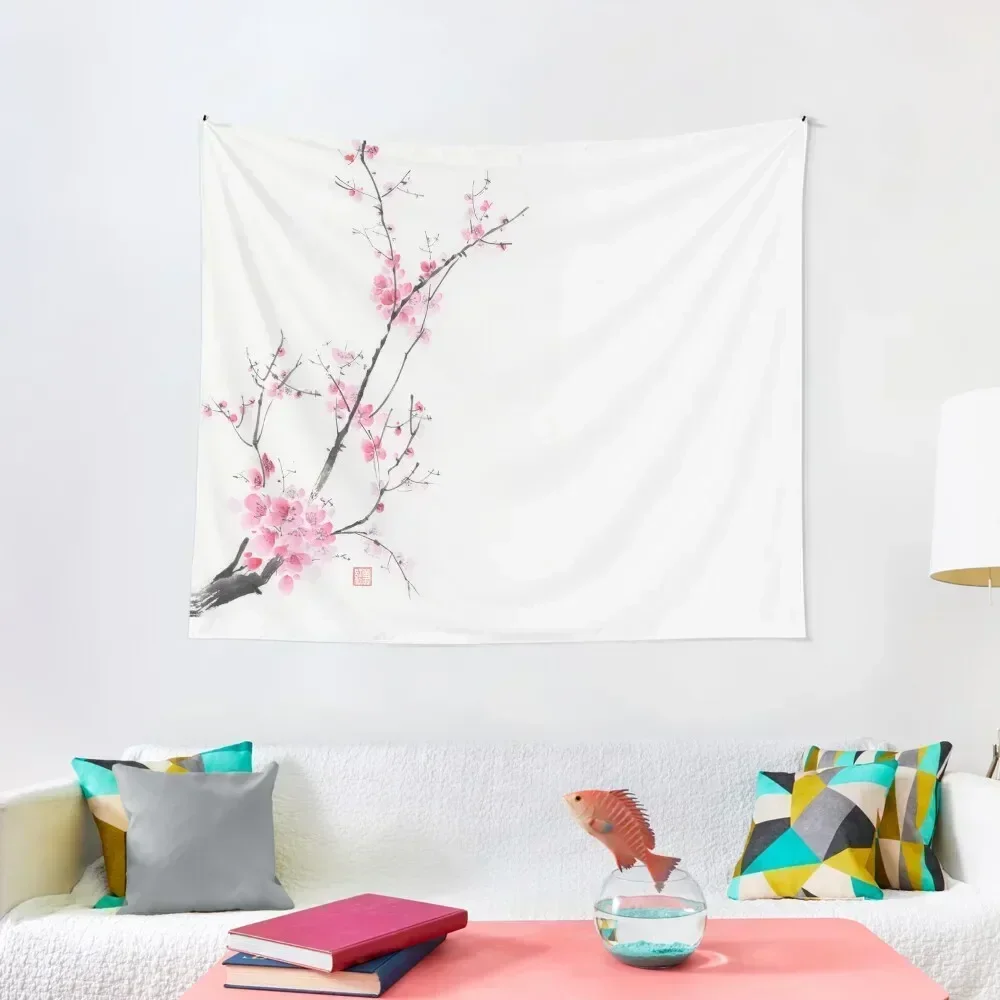 

Elegant branch of cherry blossom with pink flowers on white Oriental sumi-e painting art print Tapestry For Bedroom Tapestry