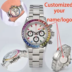 Custom Logo 39.5mm Mens Watch Sterile Dial Colored Diamonds Watch Sapphire Crystal Vk63 quartz  Movement  Watch