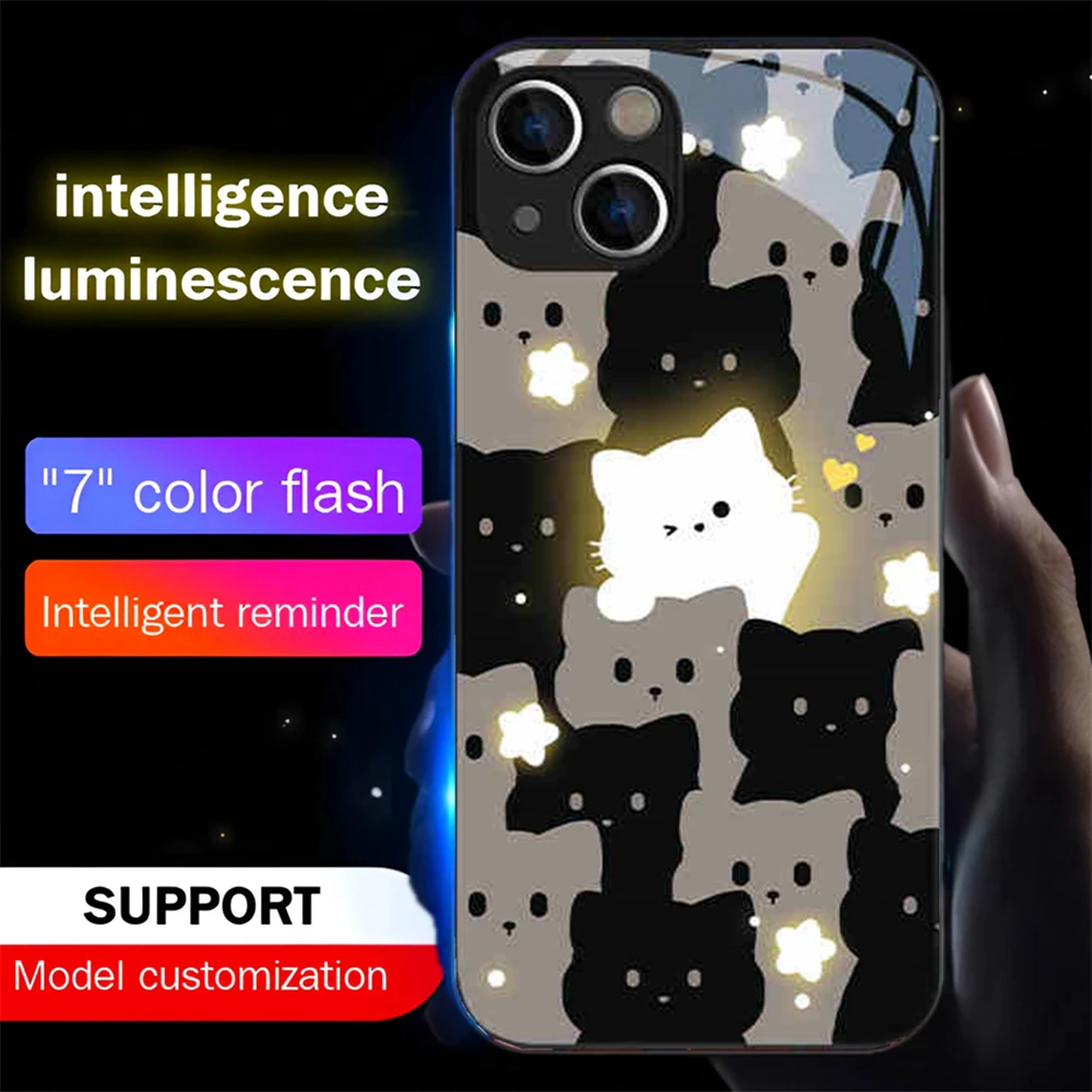 

Glowing Cat Design Smart LED Light Glow Tempered Glass Phone Case For iPhone 16 15 14 13 12 11 Pro Max XR XS Plus 7 8 SE2020