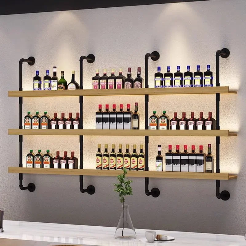 

Wall wine rack restaurant bar barbecue shop wall-mounted wrought iron multi-layer solid wood storage
