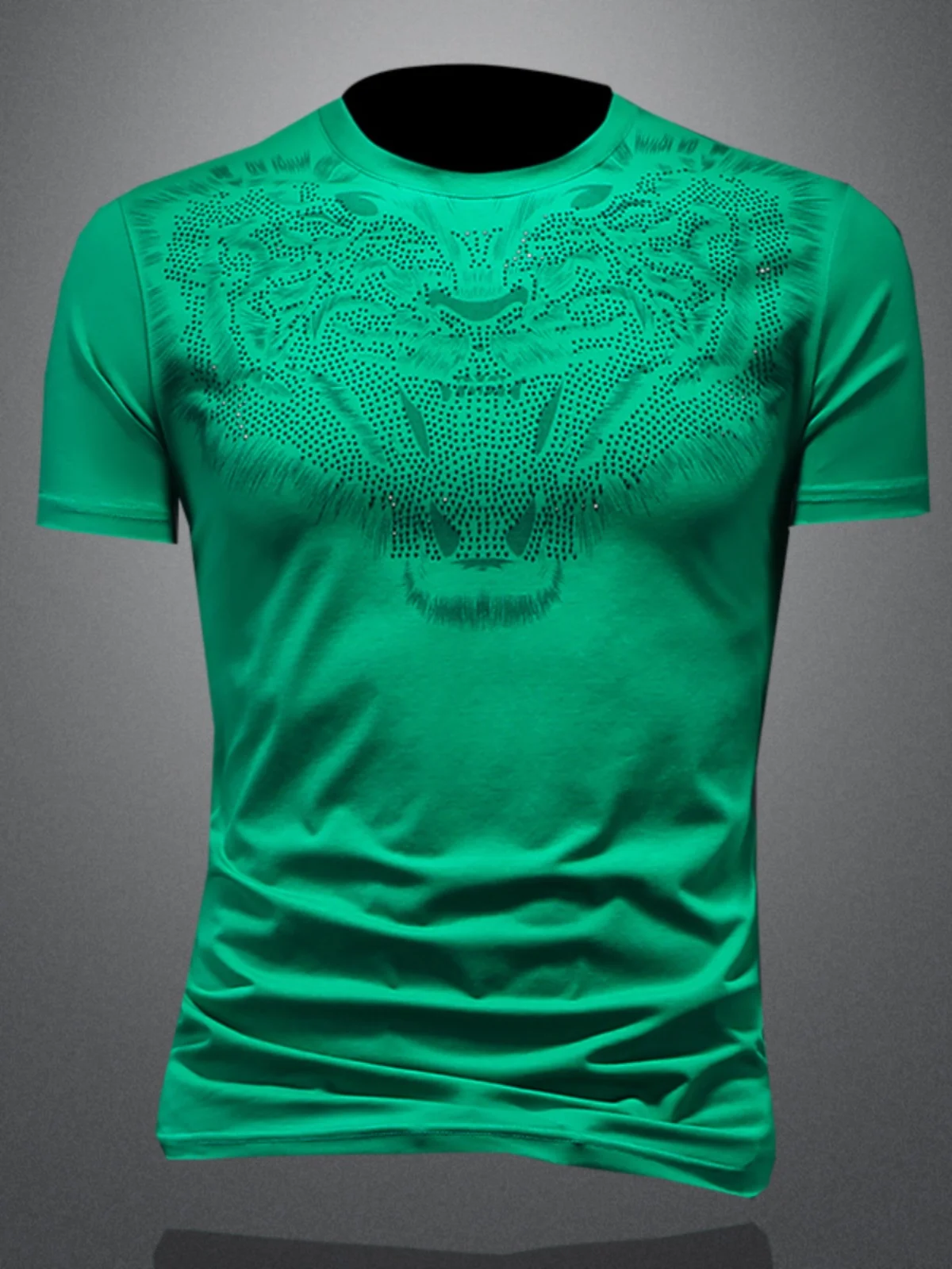 

Мужская футболка ZhanChao с коротким рукавом, круглым вырезом, принтом и стразами в виде головы тигра, летняя новинка