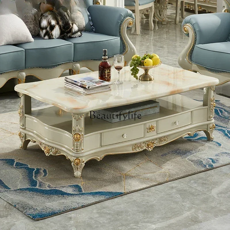 

yj9European marble coffee table solid wood carving flower luxury rectangular gold light luxury tea table