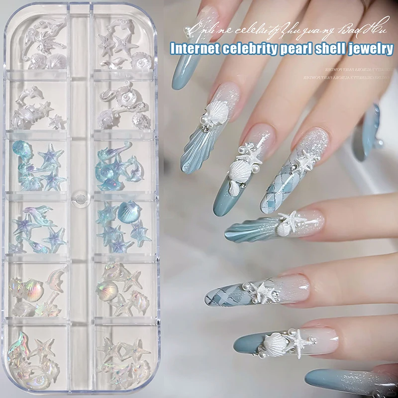 12Grid 60Pcs Ice-clear Seashell Starfish Ocean Series Nail Charms Resin Accessories Nail Art Decorations 3D Mixed Shell Manicure