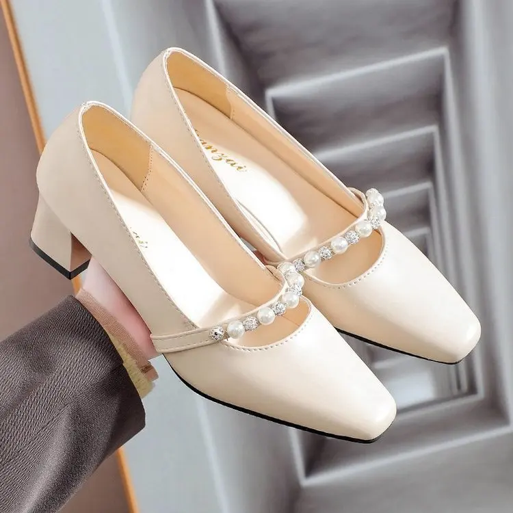 high quality soft comfort dress shoes Women's genuine leather beading buckle slip-on pumps square toe elegant ladies style