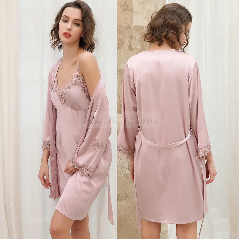 Pajamas Five Piece Set Casual Silk Satin Bathrobe Sexy Wedding Bride Robe Nightgown Summer Casual Female Home Clothes Loungewear