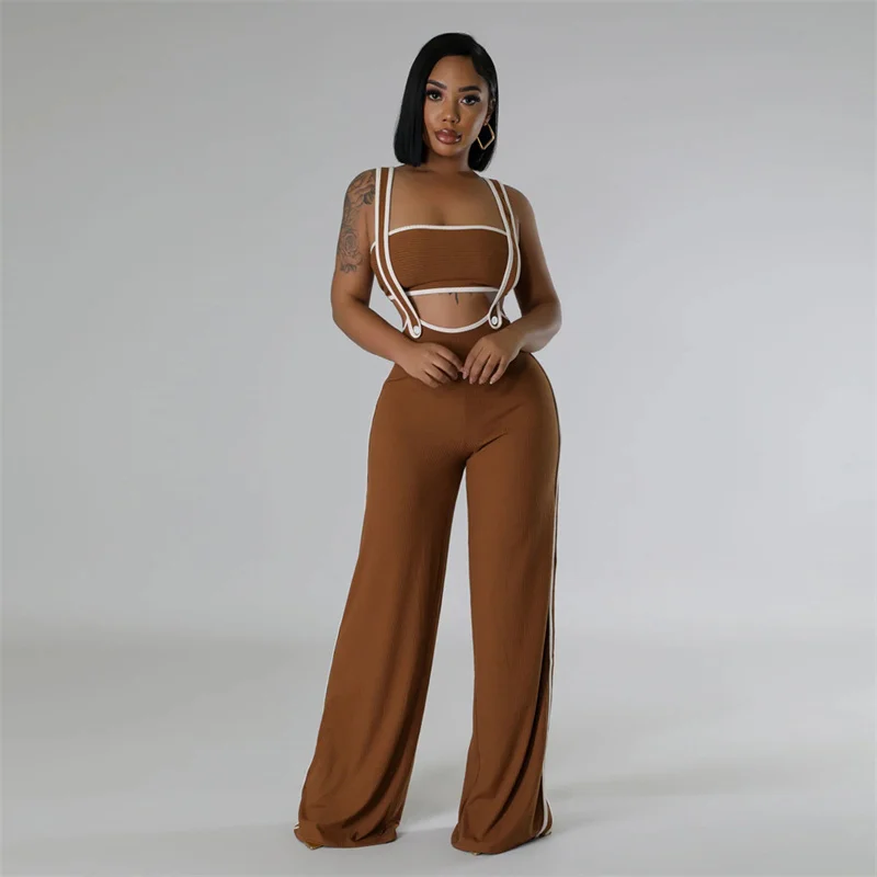 Summer Sexy Knitted Stripe Two Piece Sets Women Strapless Crop Top and Straps Knit Loose Straight Overalls Pants Party Outfits