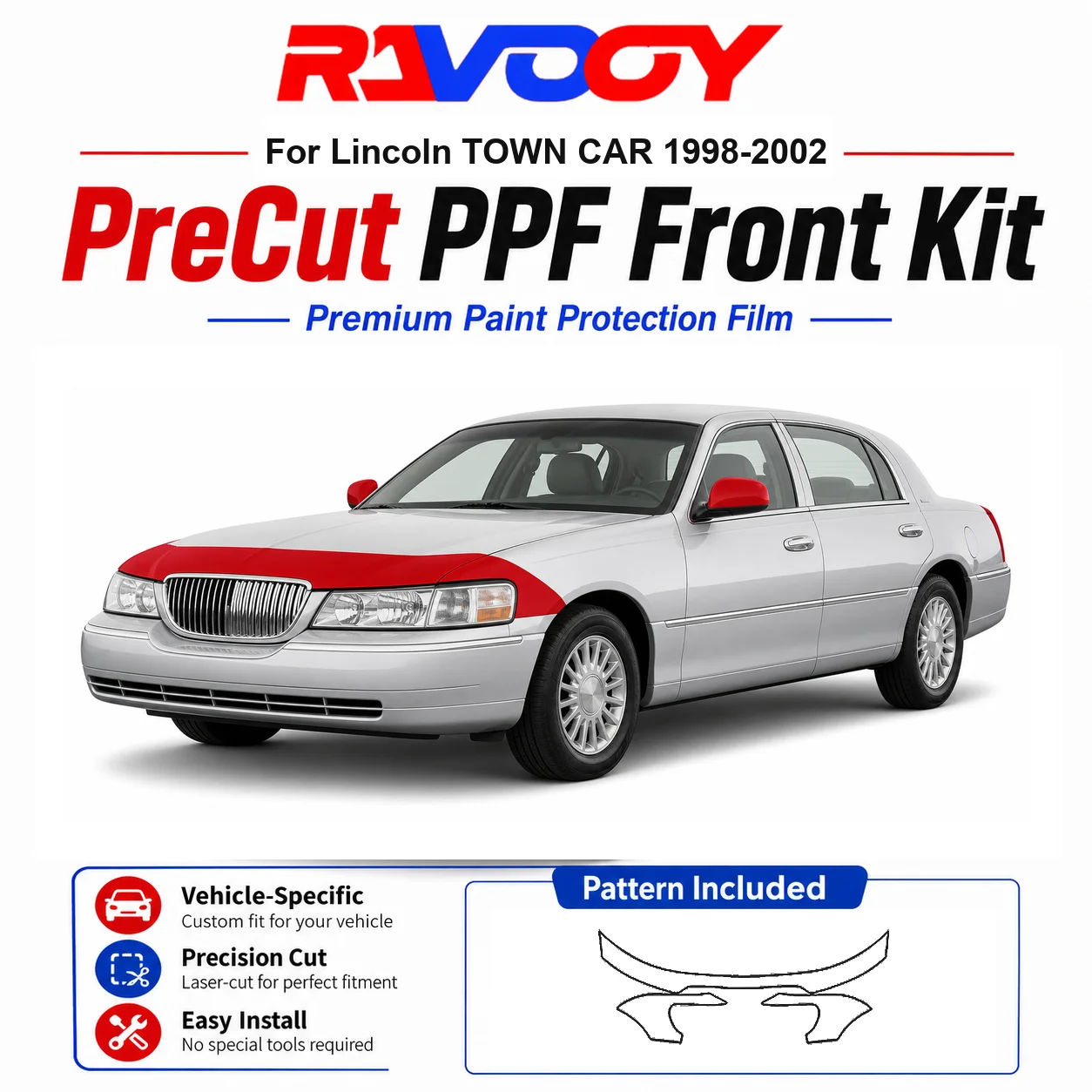 

8.5mil TPU Precut PPF Kit For Lincoln TOWN CAR 1998-2002 - Hood, Fenders & Mirror Set - Self-Healing Clear Bra Film
