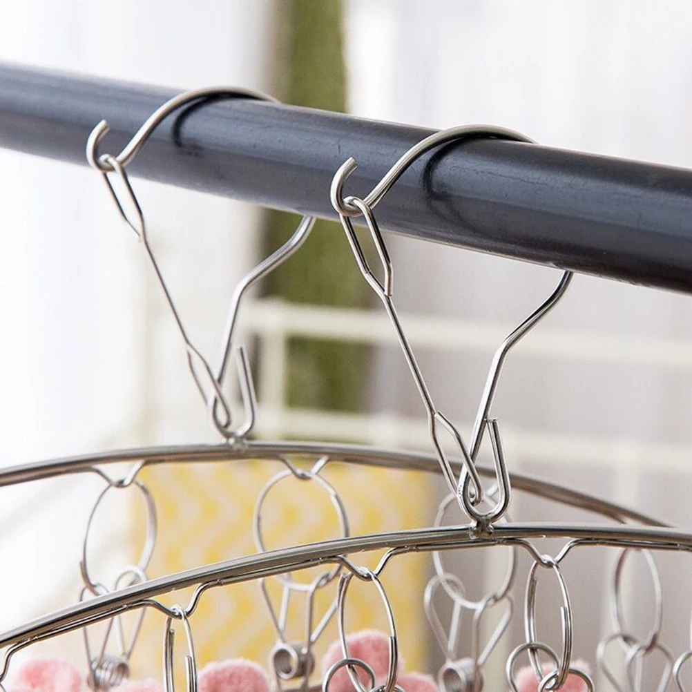 

2pcs Stainless Steel Socks Hanger Laundry Drying Hook With 10 Clips Space Saving For Underwear Towel Bra Indoor Outdoor Travel